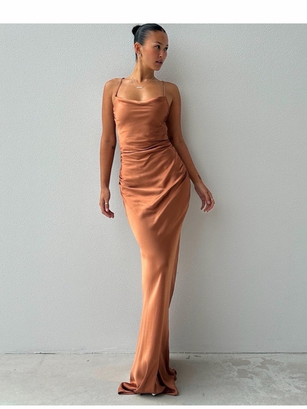 Shona Joy Copper Satin Cowl Maxi Dress
